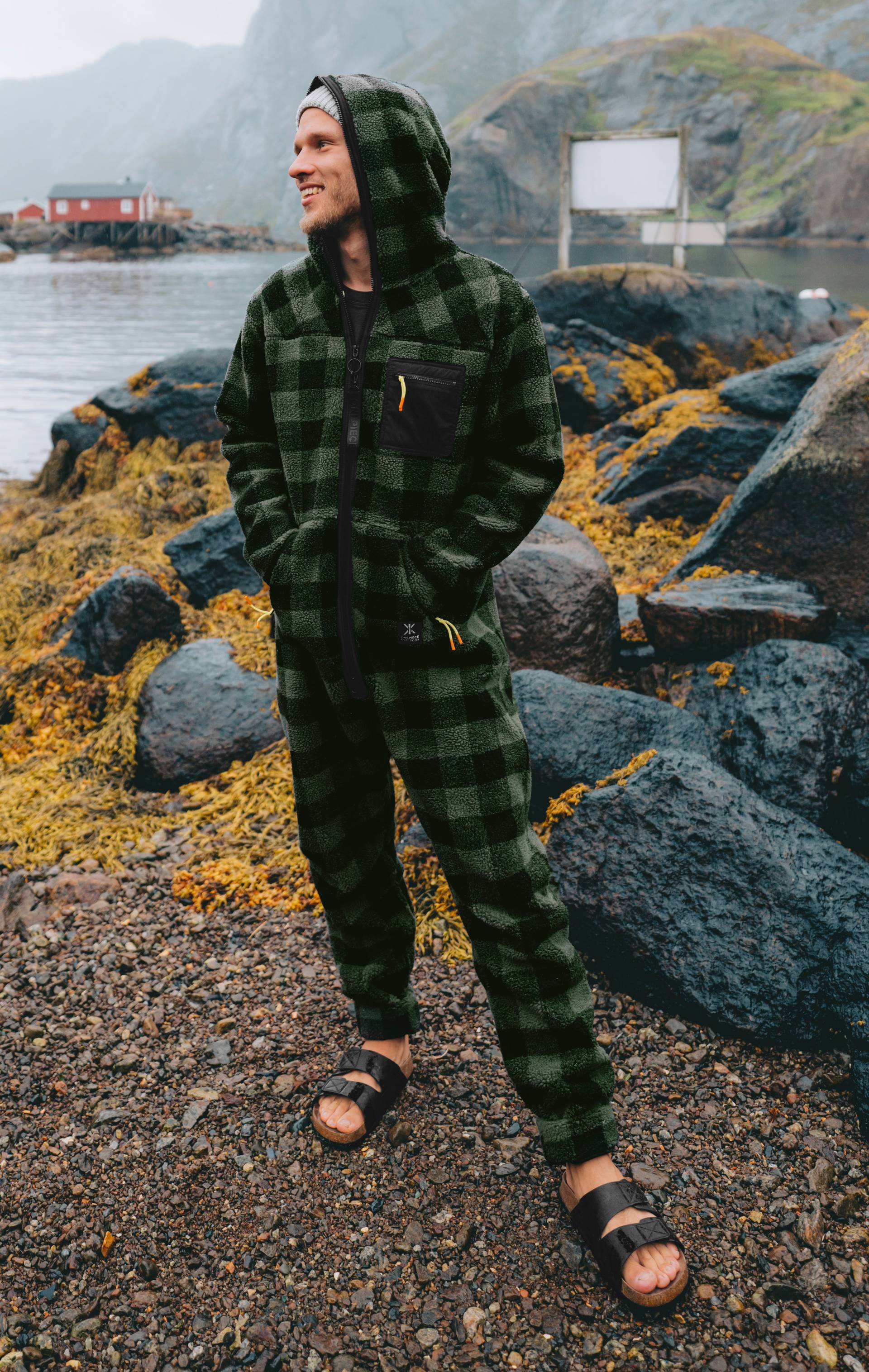 Onepiece Checkered Fleece Jumpsuit Green - 10