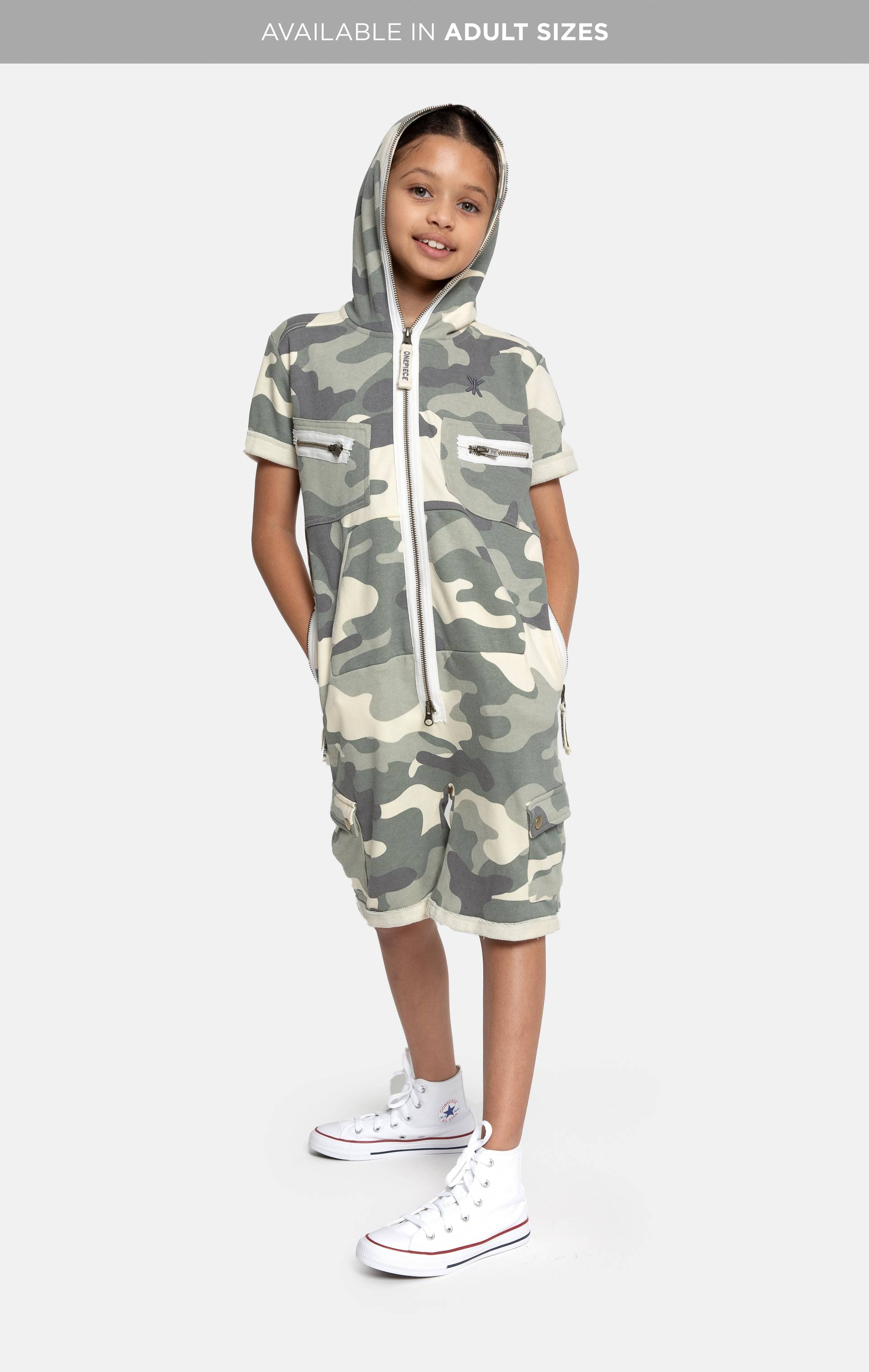 Onepiece Cargo Short Kids Jumpsuit Green Camo - 1