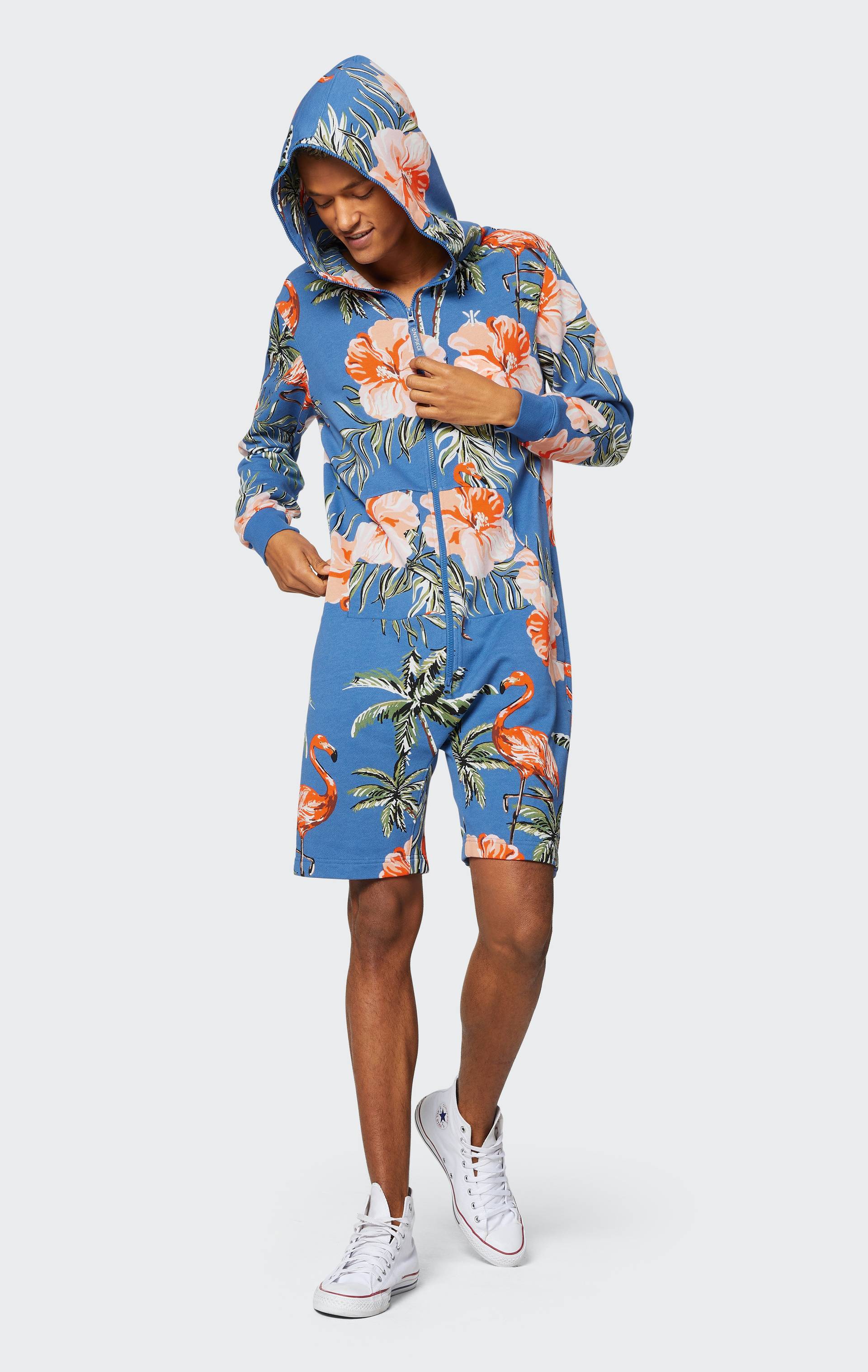Onepiece Tropical Flamingo Short Jumpsuit Blue Print - 4