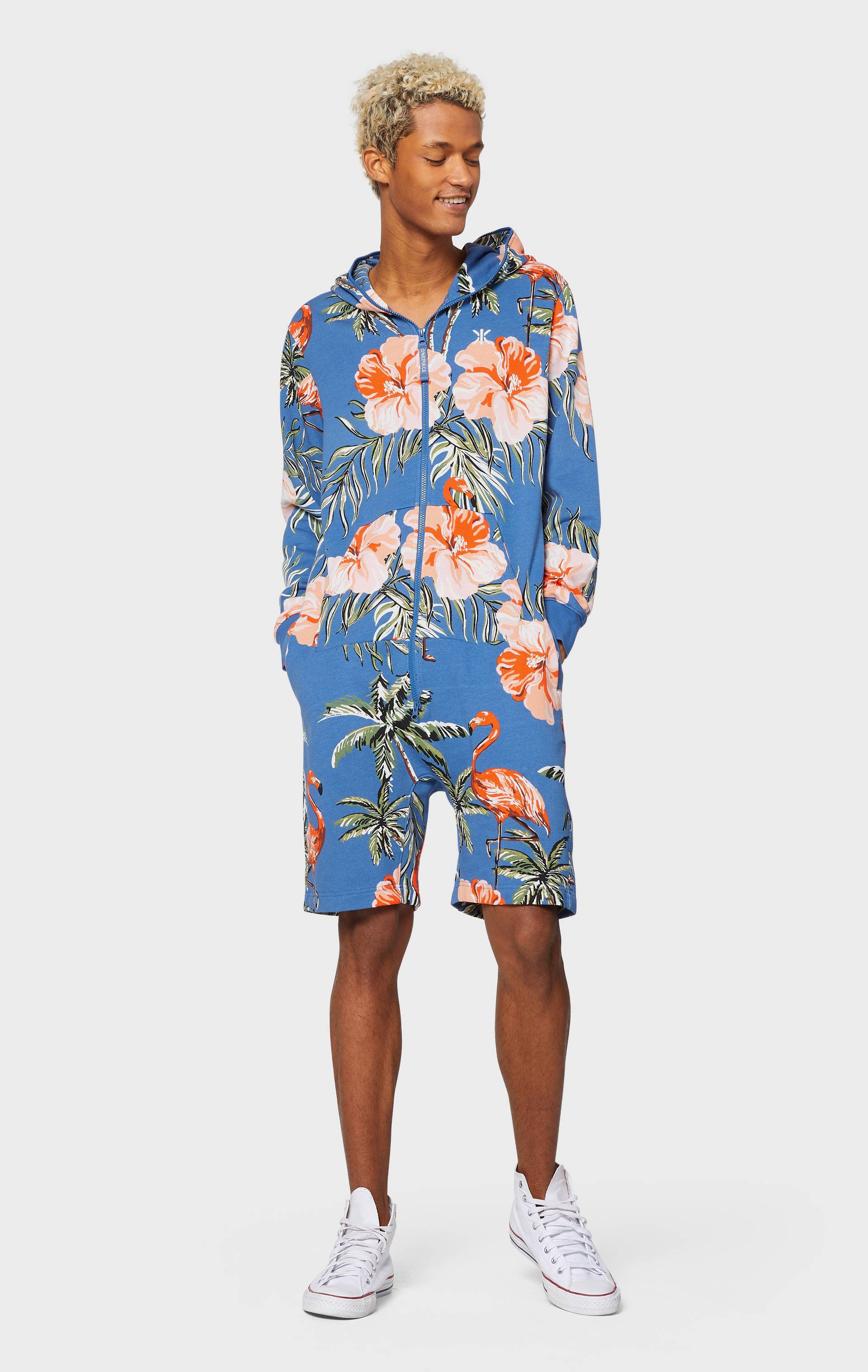 Onepiece Tropical Flamingo Short Jumpsuit Blue Print - 4