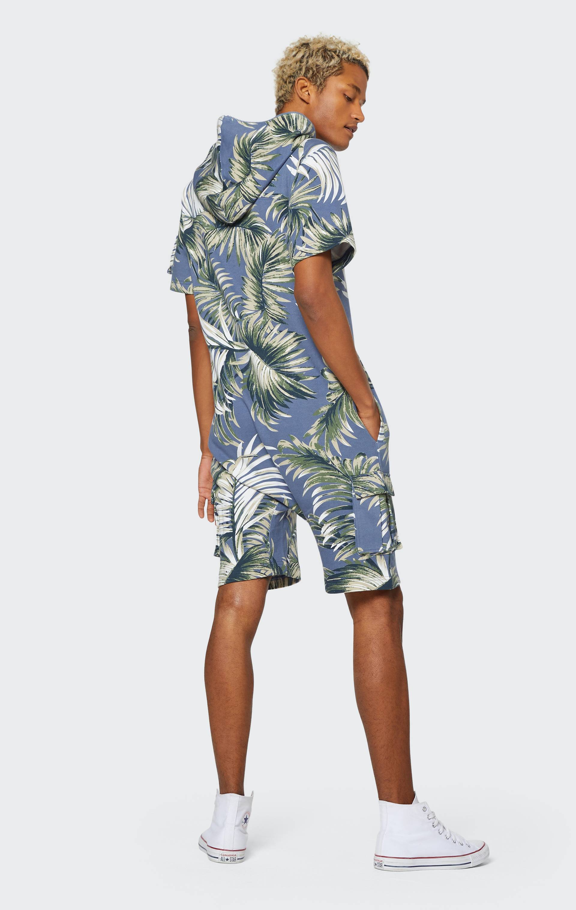 Onepiece Vintage Palm Leaf Short Jumpsuit Blue - 3