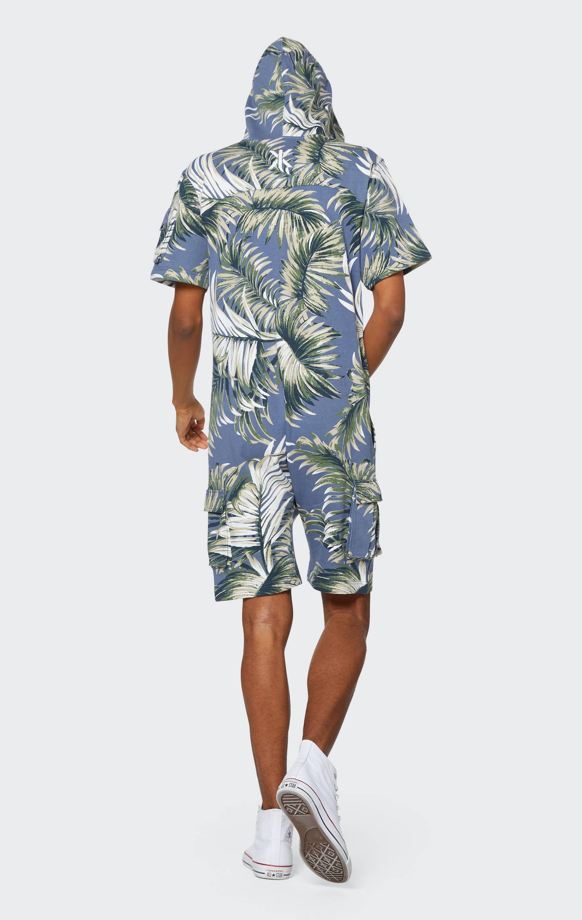 Onepiece Vintage Palm Leaf Short Jumpsuit Blue - 5