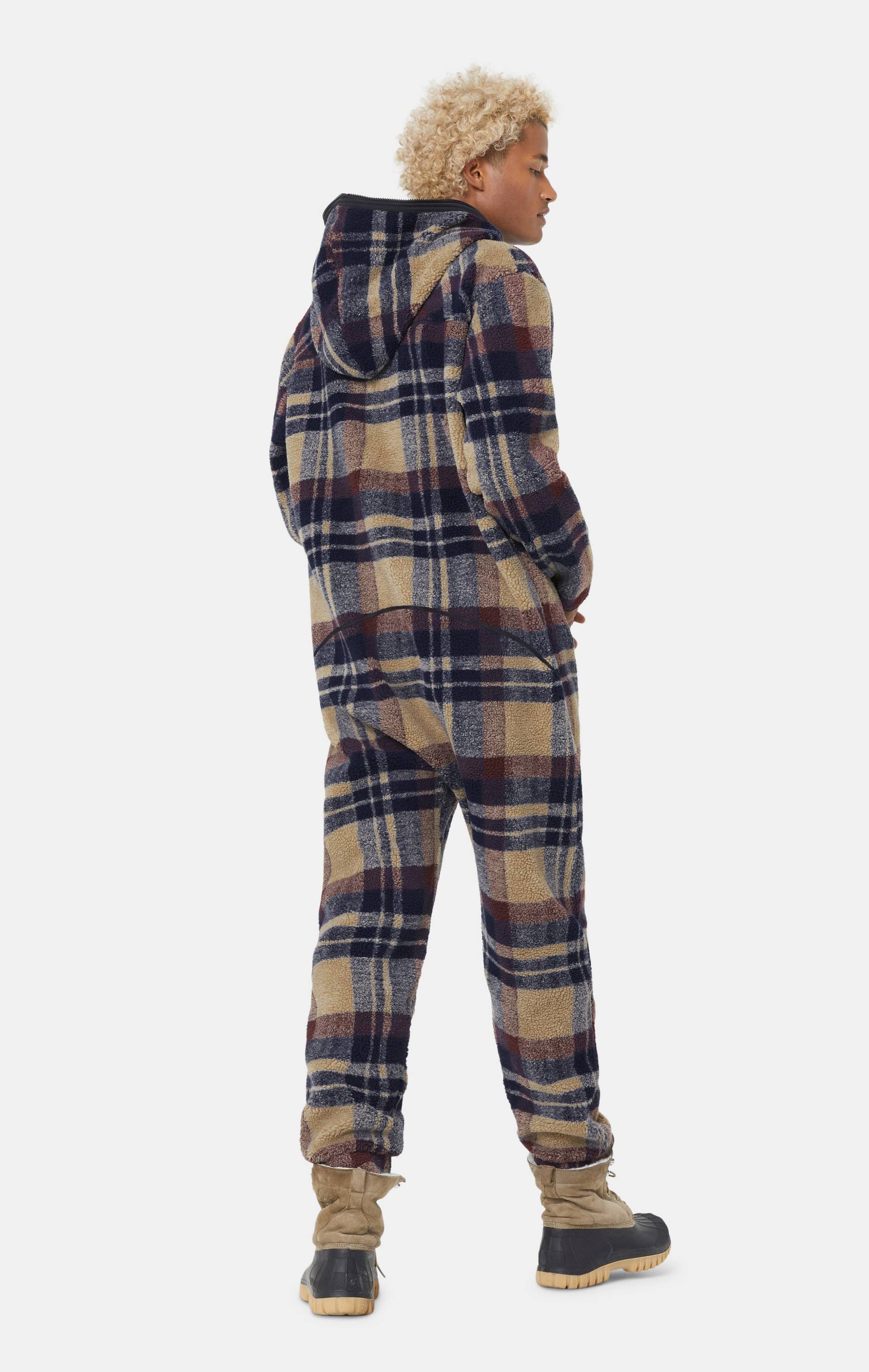 Onepiece Checkered Fleece Jumpsuit Brown - 4