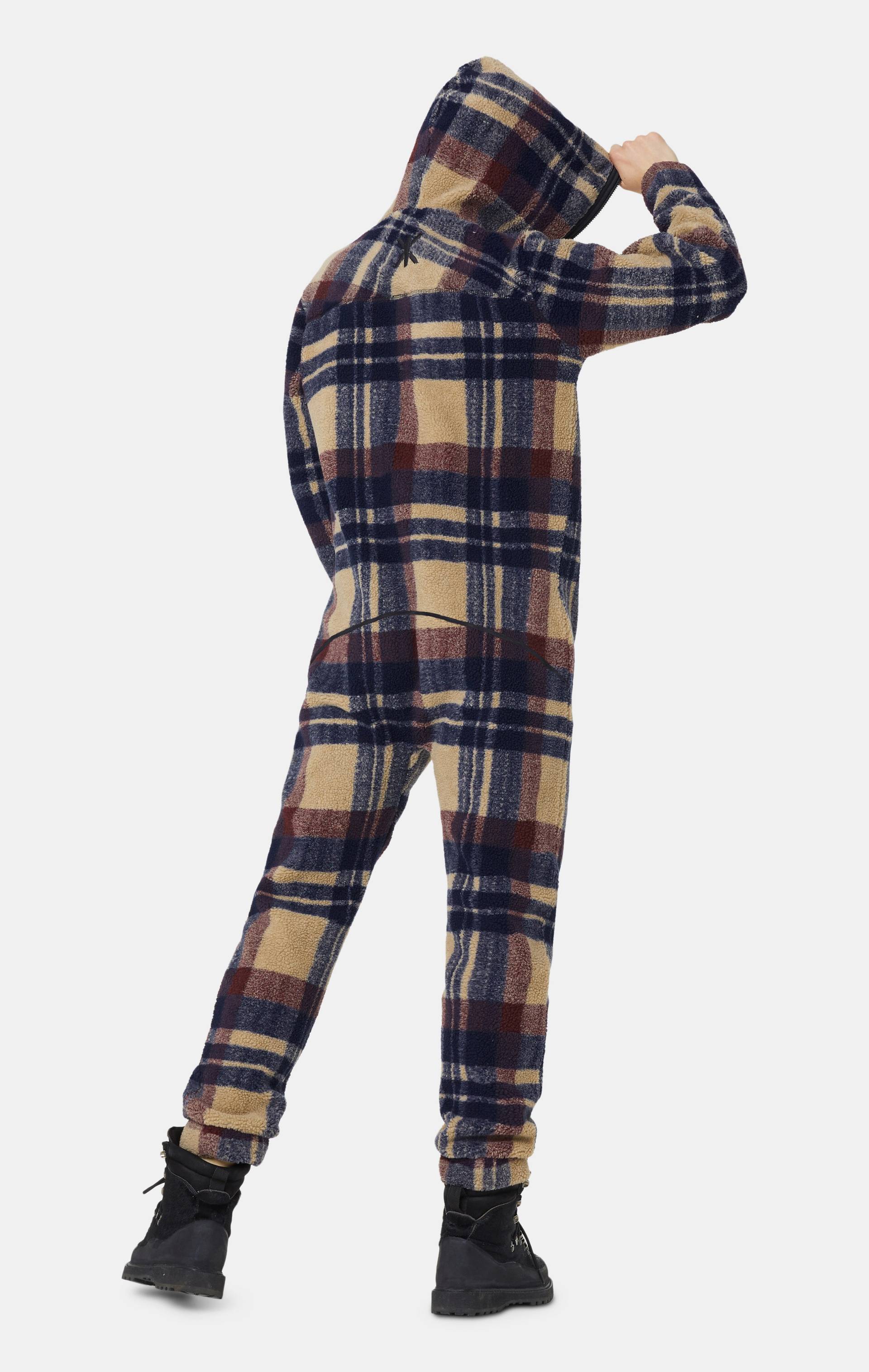 Onepiece Checkered Fleece Jumpsuit Brown - 8