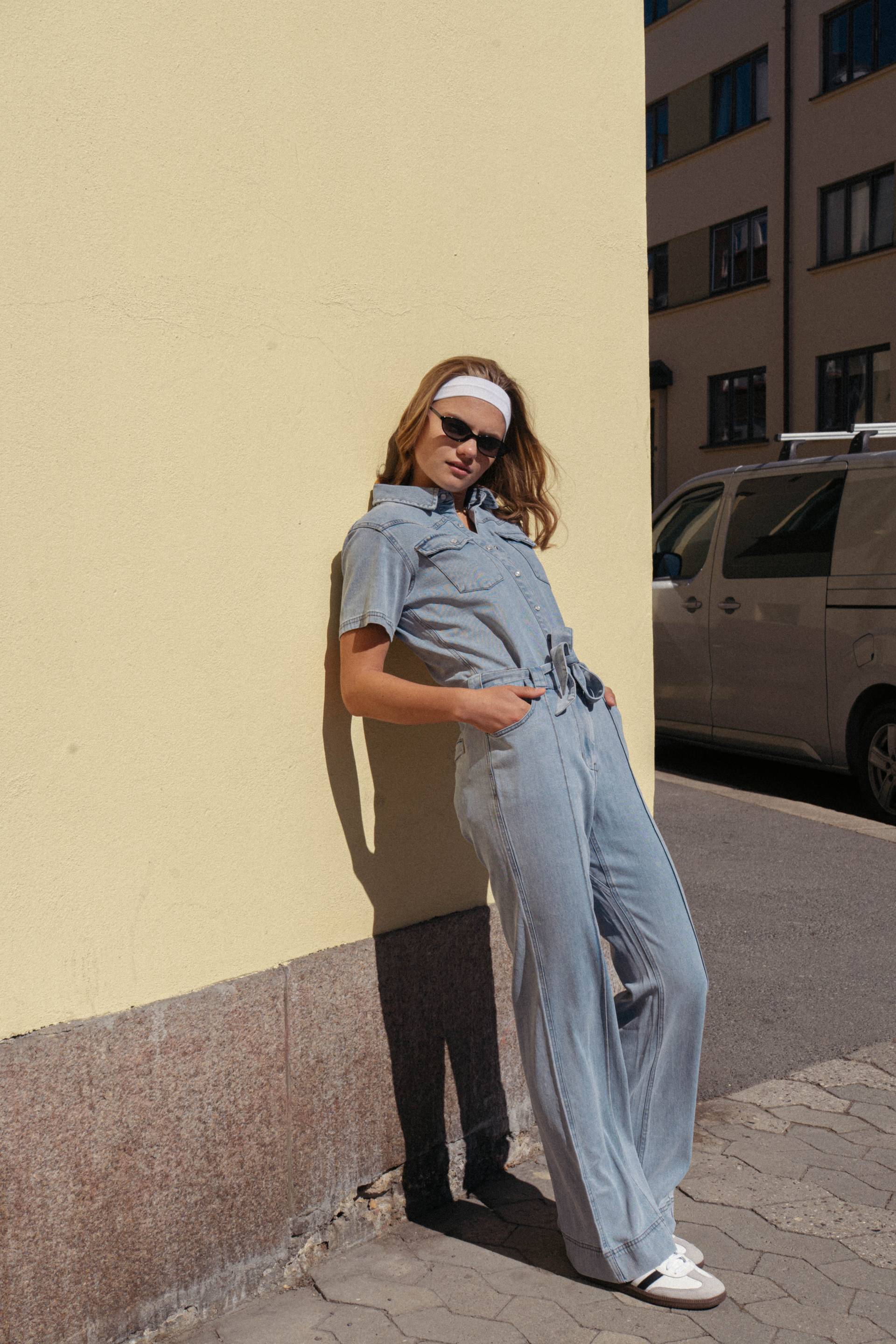 Onepiece Light Chambray Flared Jumpsuit Light Blue - 8