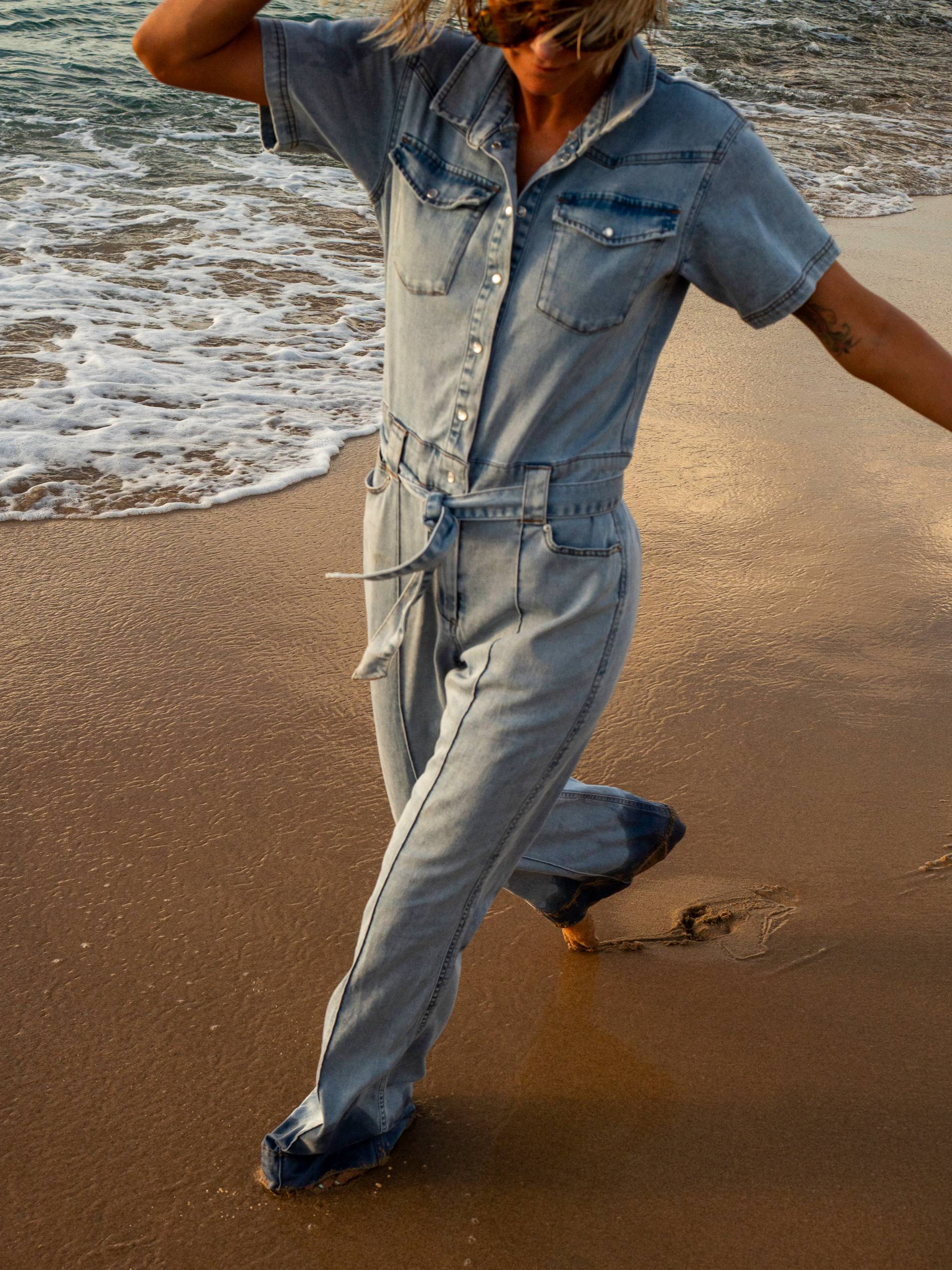 Onepiece Light Chambray Flared Jumpsuit Light Blue - 6