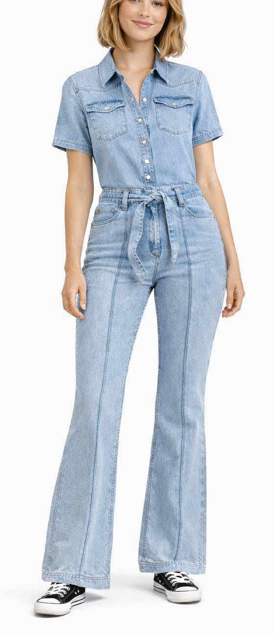 Onepiece Light Chambray Flared Jumpsuit Light Blue - 8