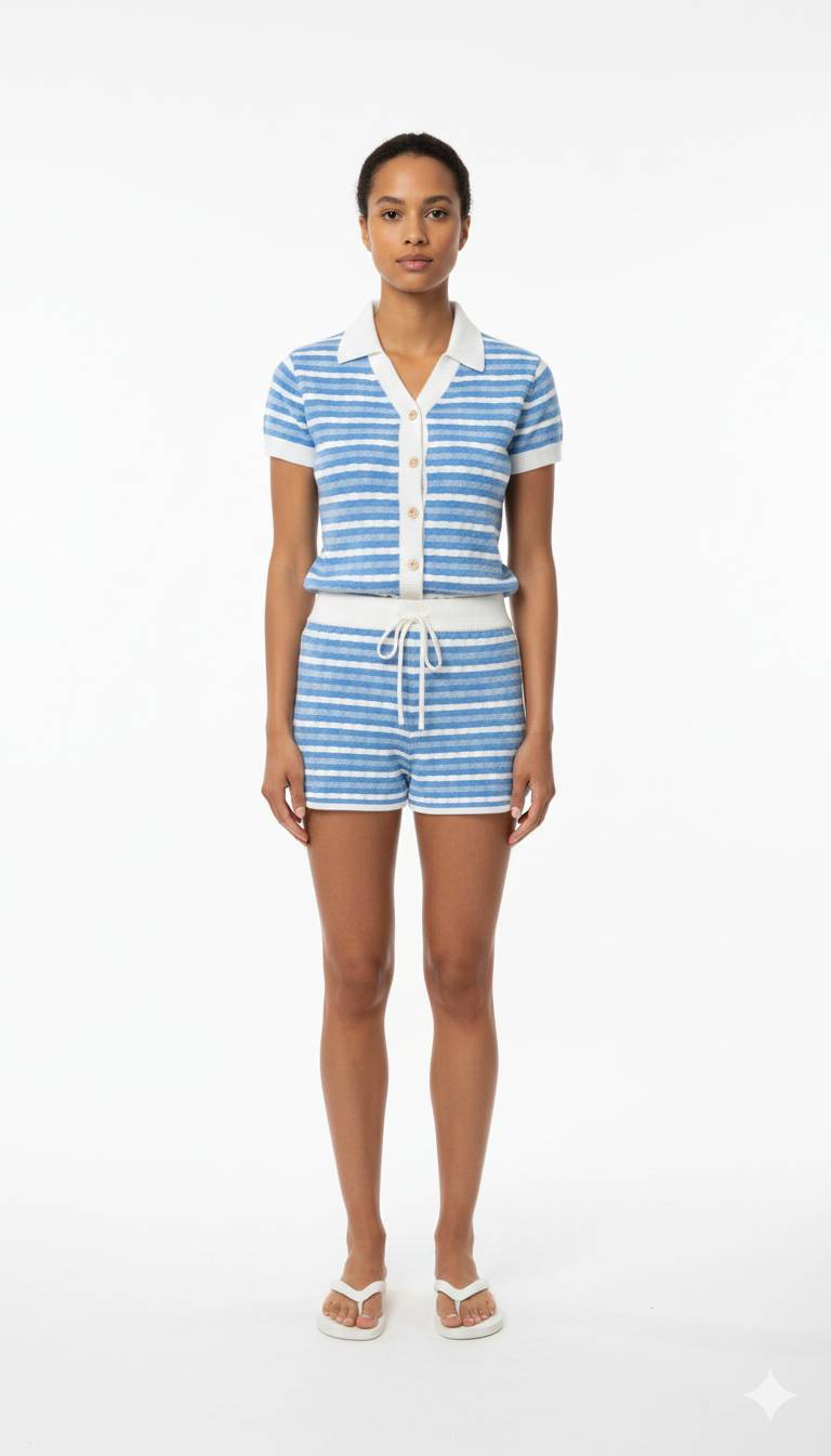Onepiece Riviera Piquet Short Knitted Jumpsuit Blue - 5