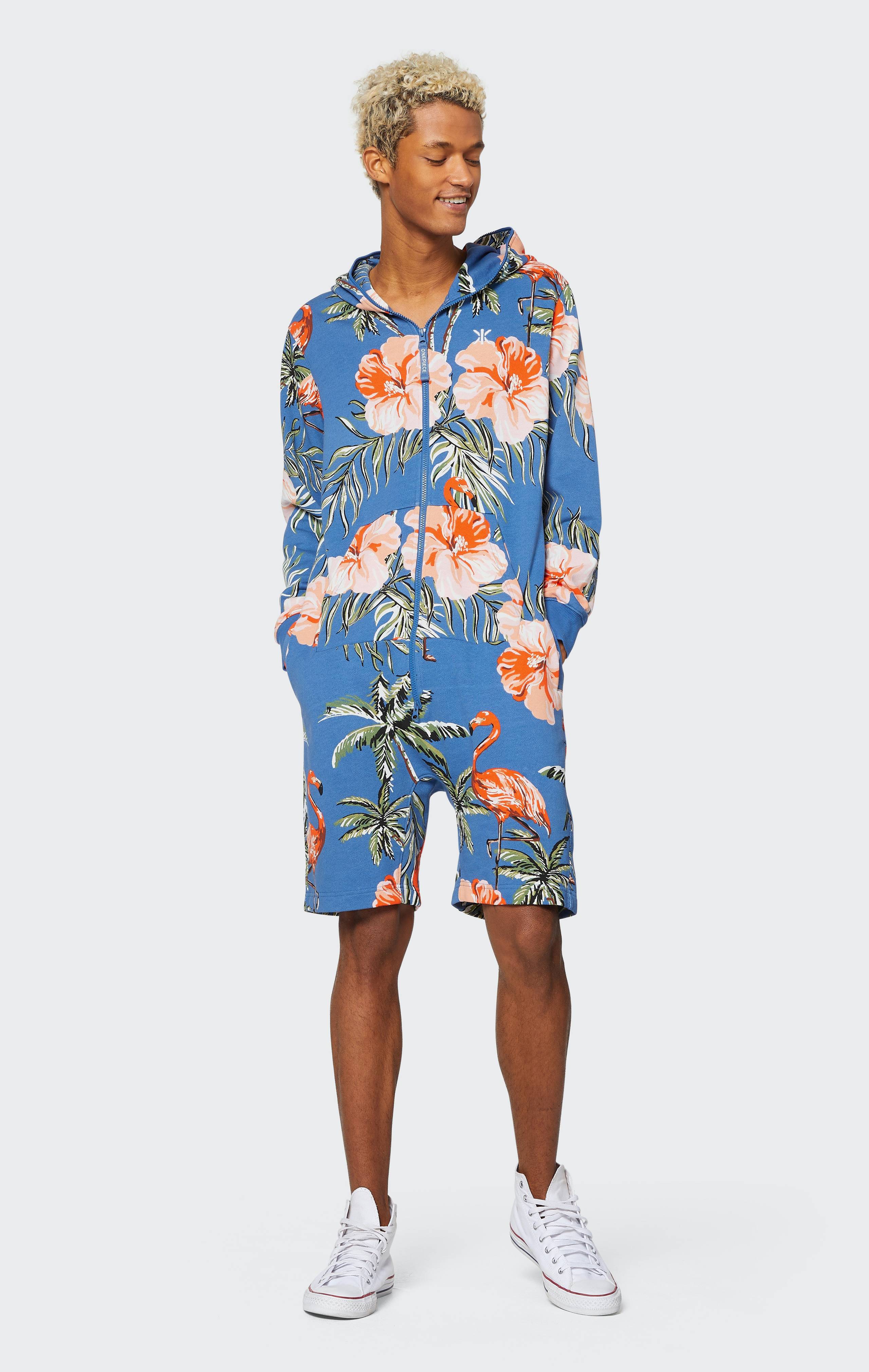 Onepiece Tropical Flamingo Short Jumpsuit Blue Print - 2